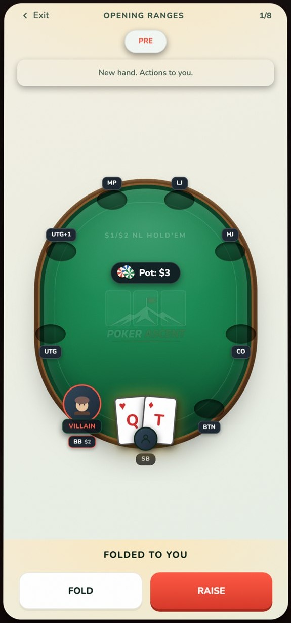 A Poker Ascent drill hand in the app